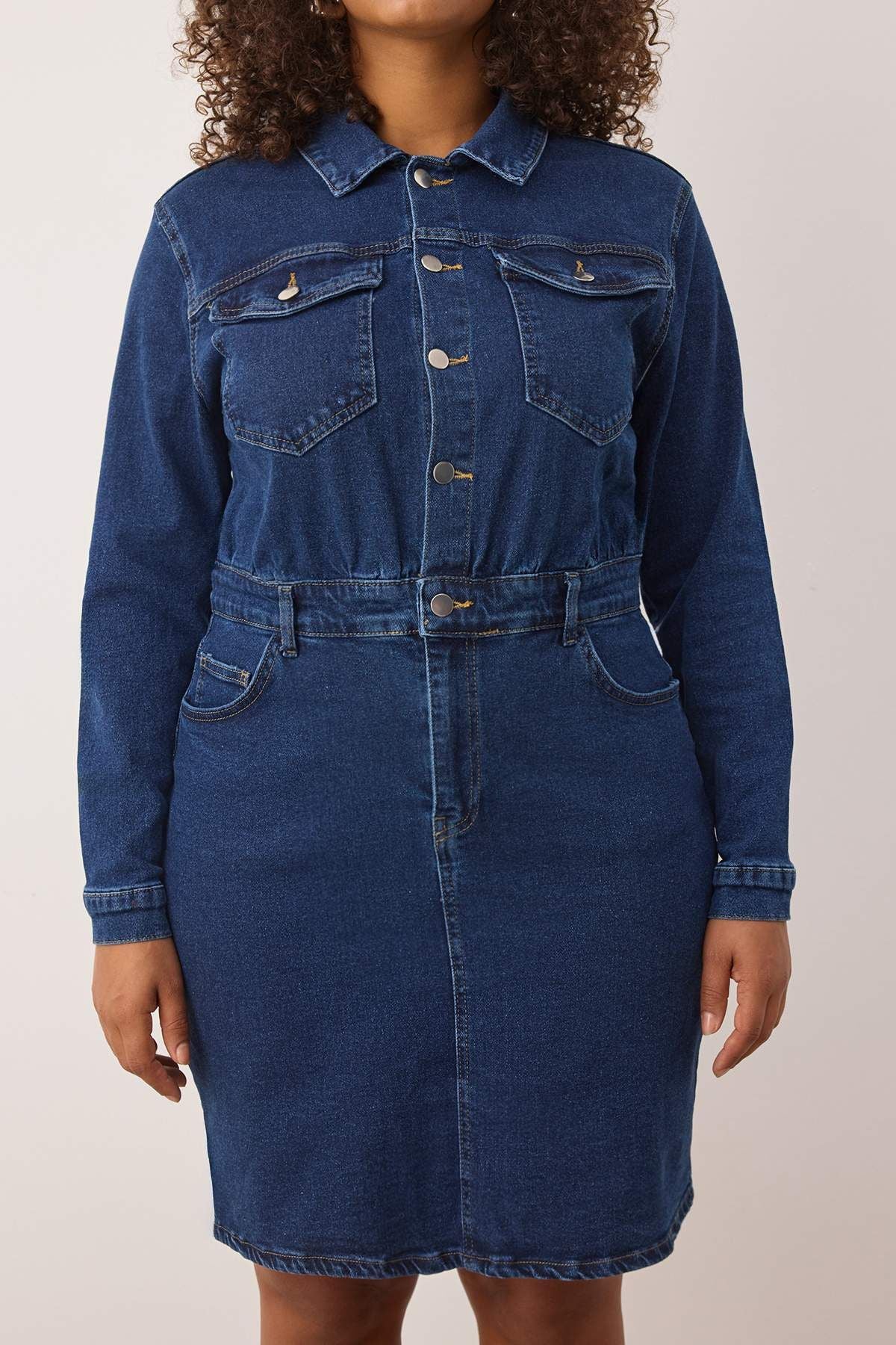 Curve Blue Collared Mid-Stretch Denim Plus Size Dress