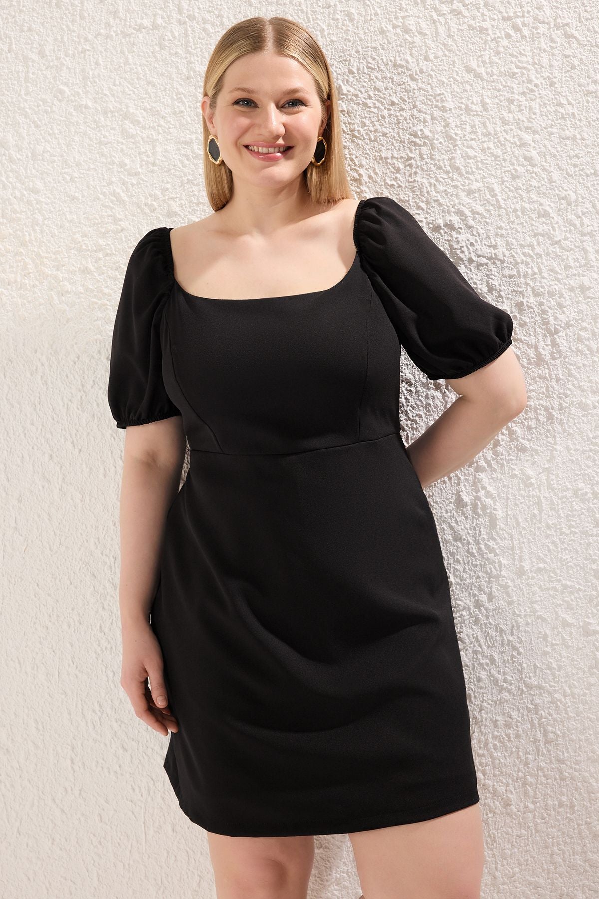 Curve Black Square Neck Lined Romper Dress with Balloon Sleeves