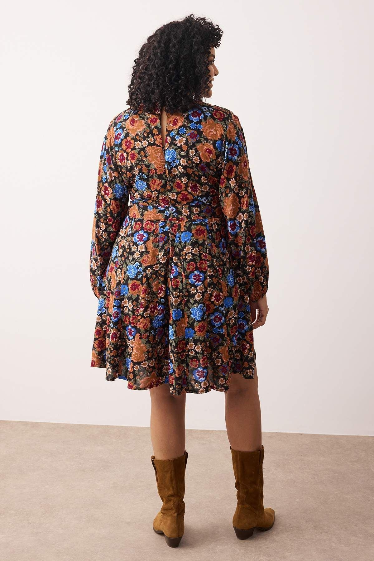 Plus Size Multi-Color Floral Belted Ruffle Viscose Woven Dress