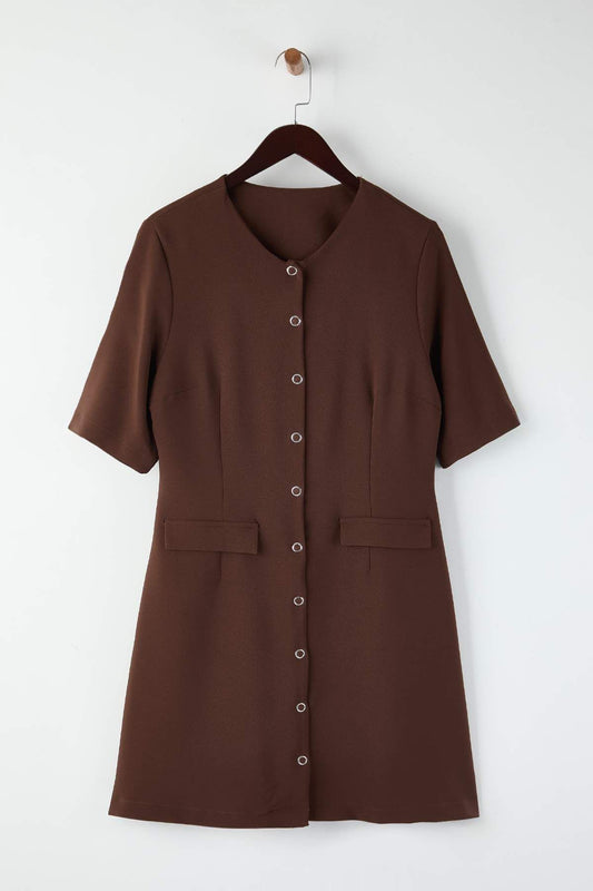 Curve Brown Buttoned Mini Woven Plus Size Dress