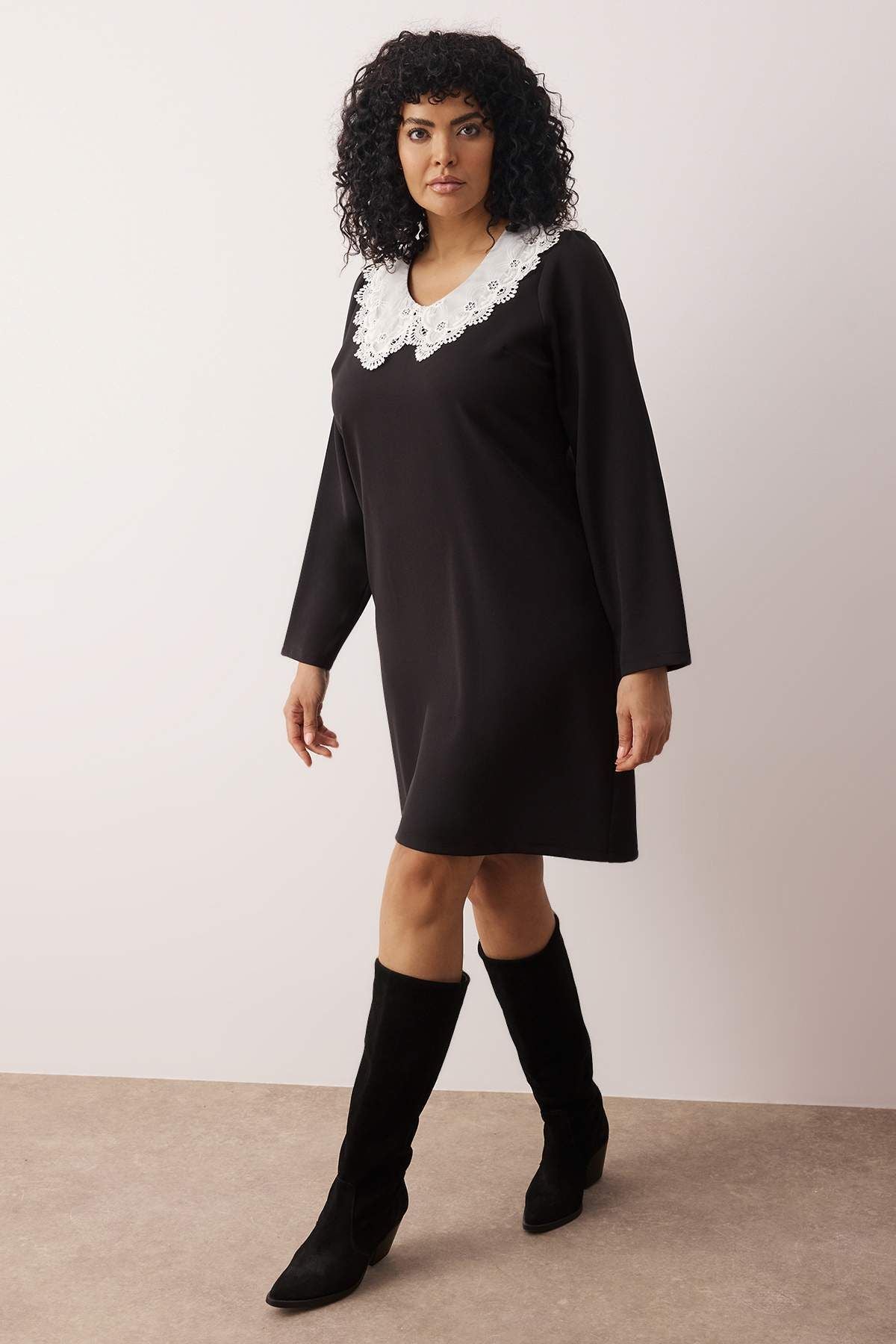 Curve Black Collar Detail Mini Shally Woven Plus Size Dress