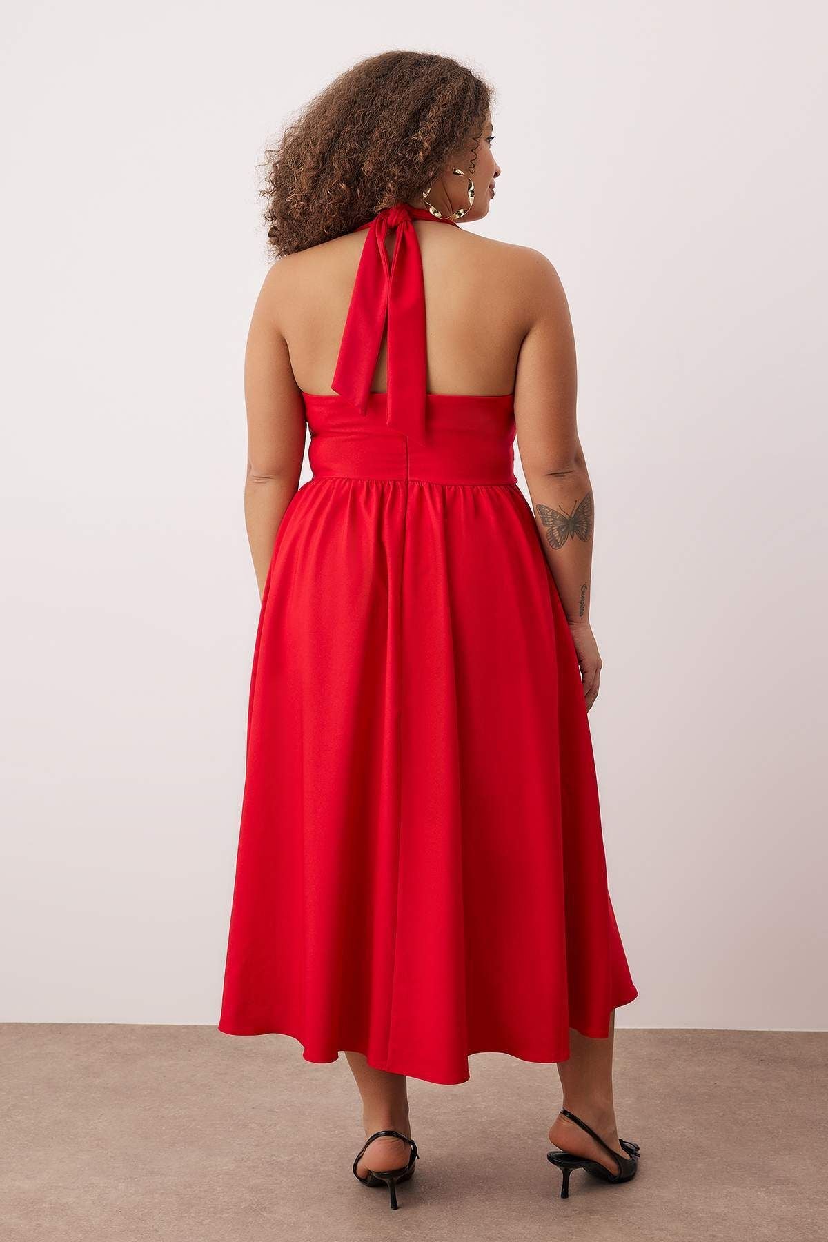 Red Square Neck Skater Midi Plus Size Dress