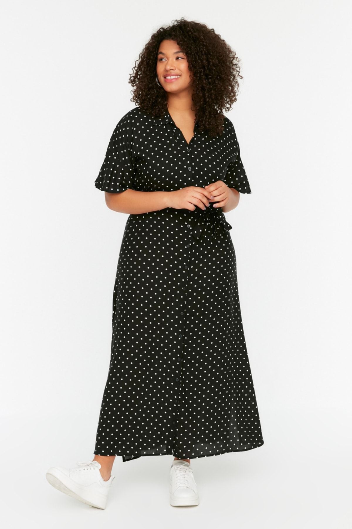 Curve Black Polka Dot Belted Midi Woven Plus Size Dress