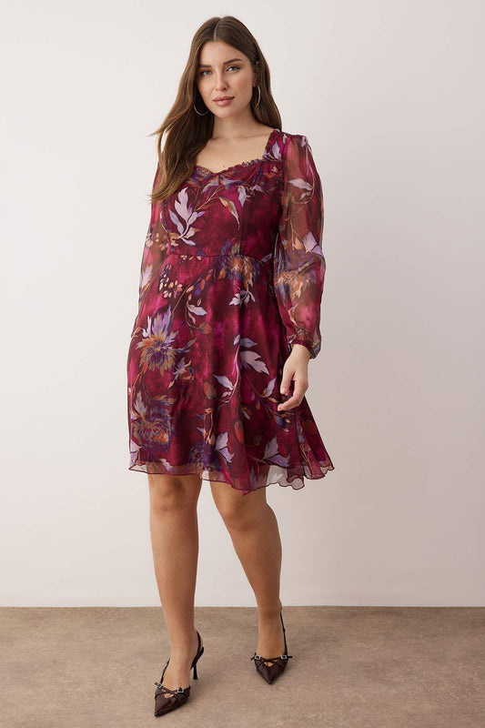 Burgundy Multi-Color Chiffon Mini Woven Plus Size Dress