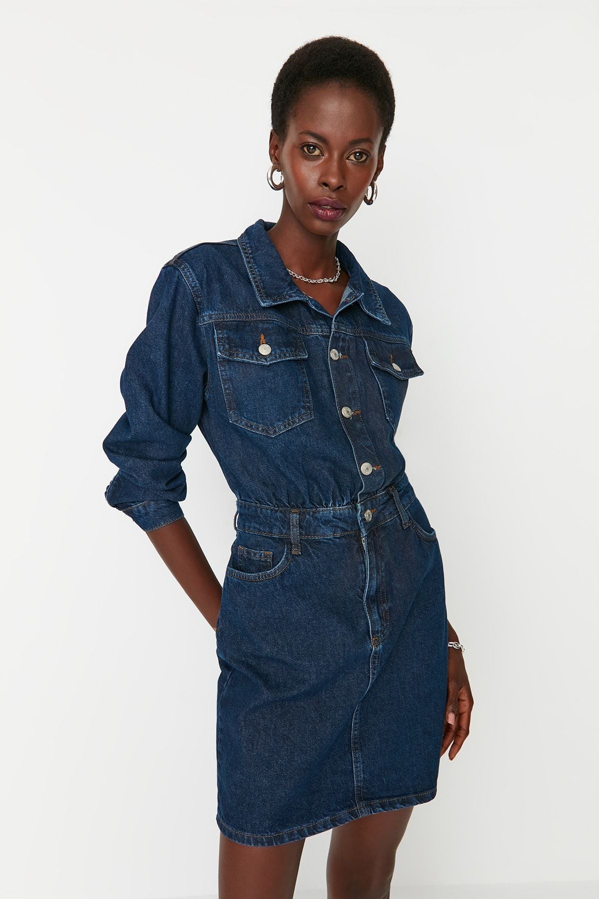 Blue Pocket Detailed Mini Denim Shirt Dress