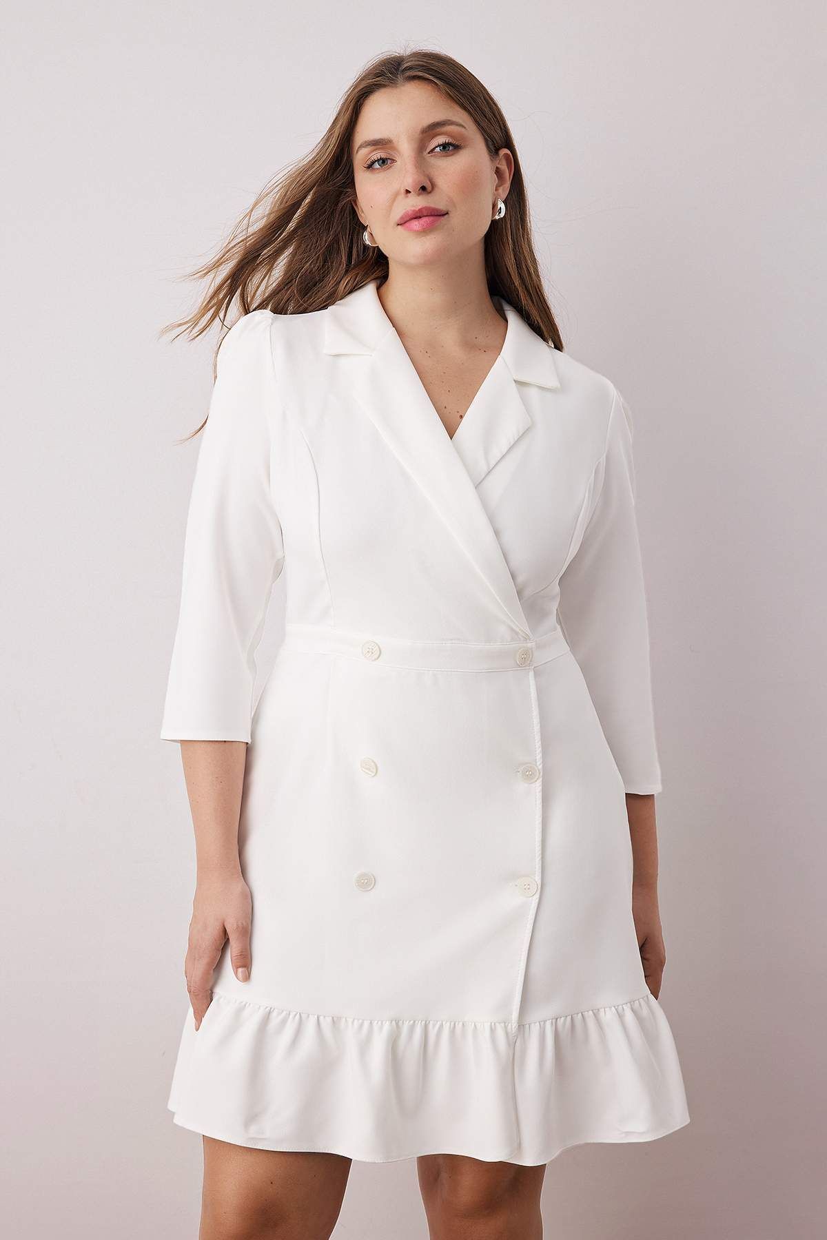 Curve Ecru Plus Size Unlined Trumpet Sleeve Mini Woven Jacket Dress