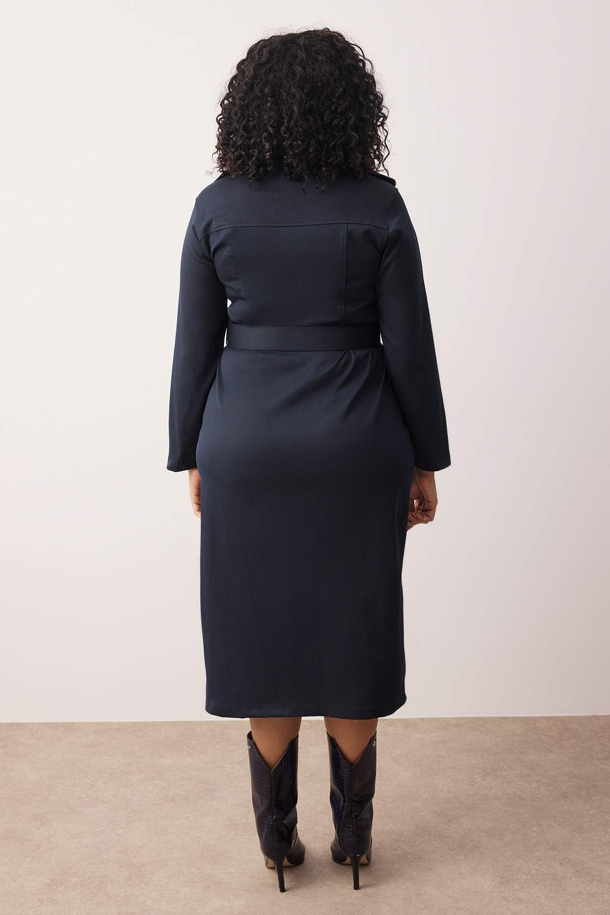 Curve Navy Full Zip Belted Gabardine Woven Plus Size Dress
