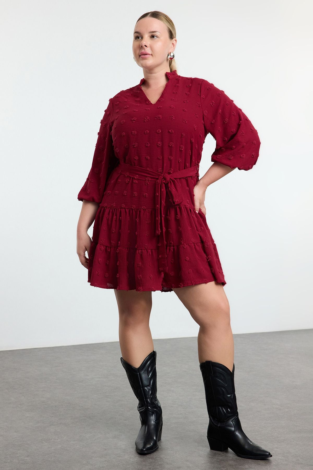Curve Burgundy V-Neck Balloon Sleeve Belted Pom-Pom Woven Mini Plus Size Dress